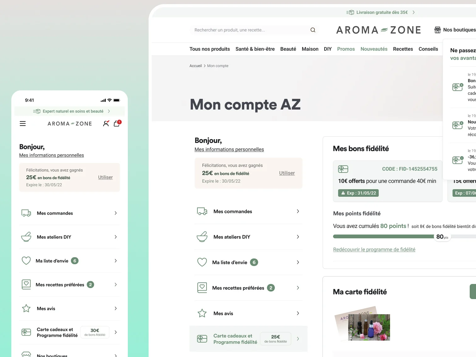 Page Mon compte AZ : programme de fidelite, points cumules et bons de reduction, en desktop et mobile
