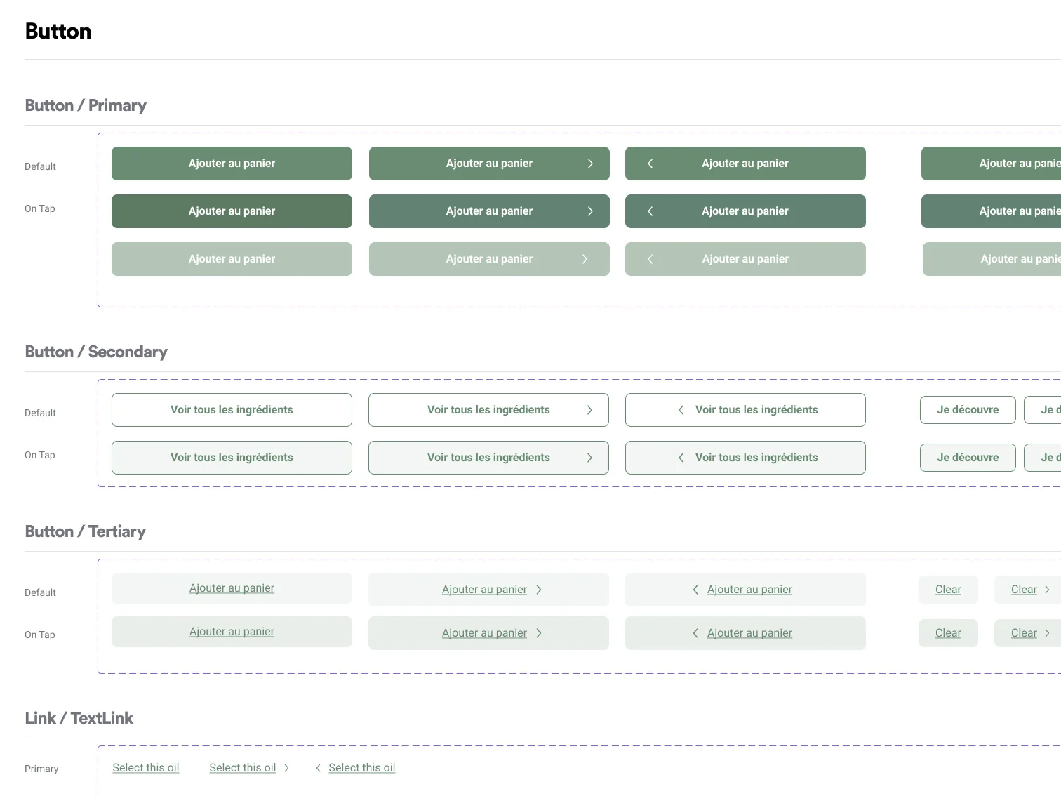 Specification du composant Button : variantes Primary, Secondary, Tertiary et Link, avec etats Default et On Tap