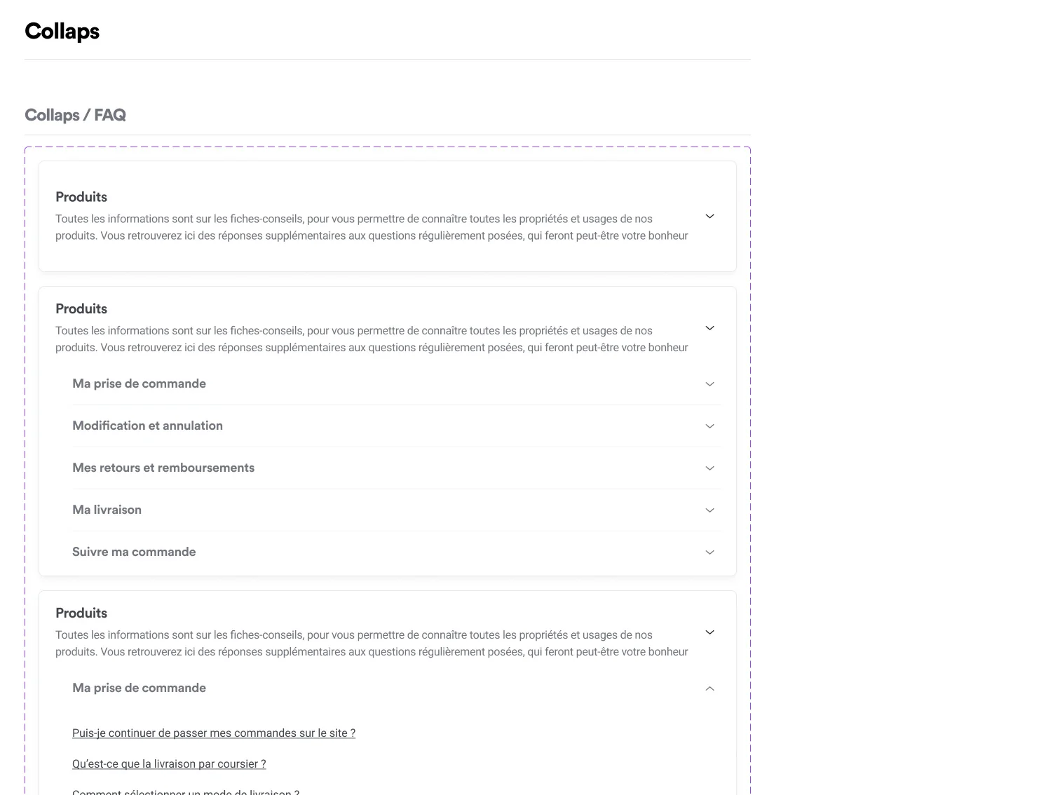 Specification du composant Collapse : etats fermes, ouverts et imbriques, utilises pour la FAQ