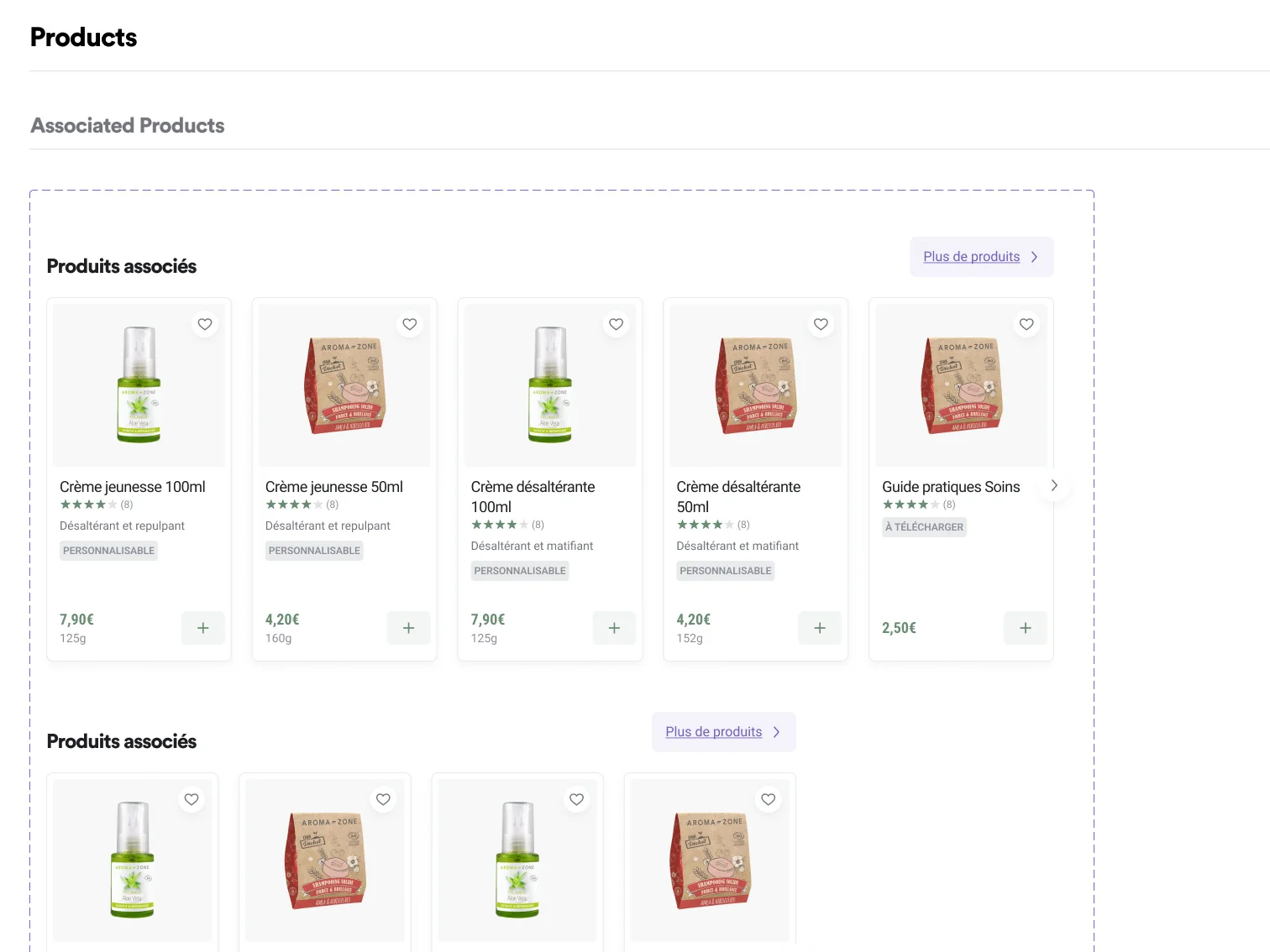 Specification de la Product Card, illustree en contexte dans un carrousel de produits associes