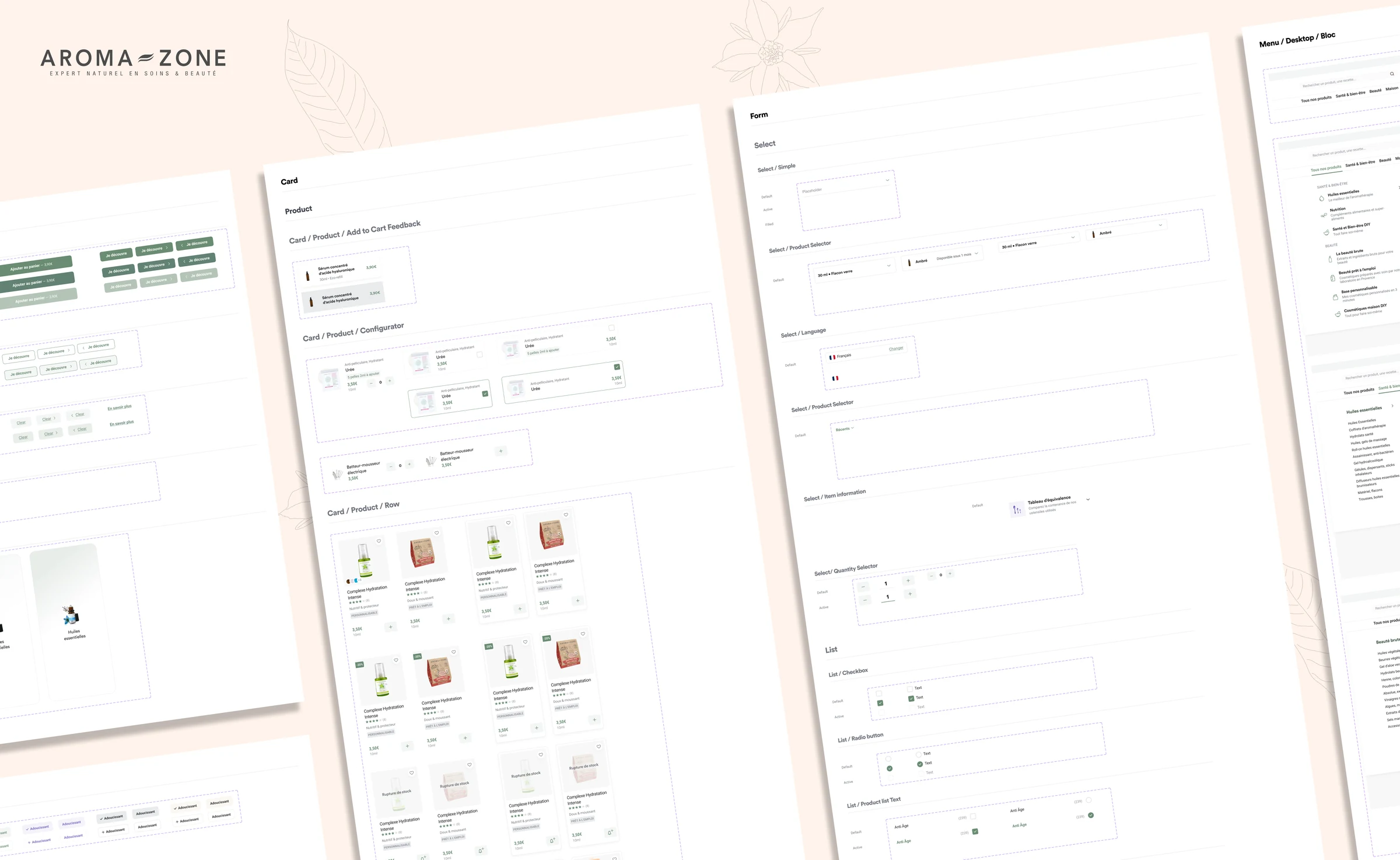Detail de la librairie de composants : cards produit, formulaires, menu