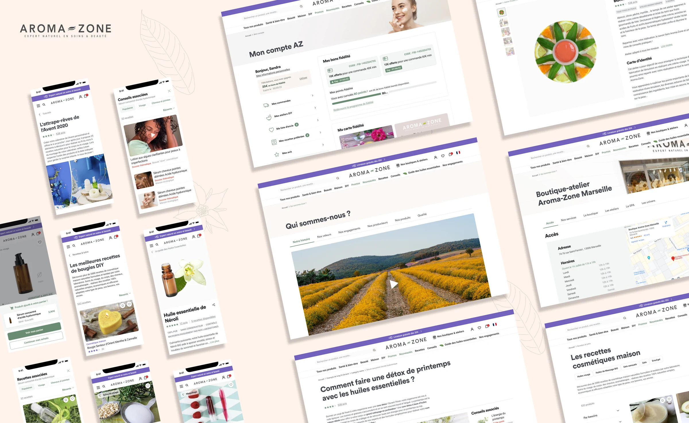 Panorama de pages Aroma-Zone : compte fidelite, qui sommes-nous, boutique Marseille, recettes, mobile