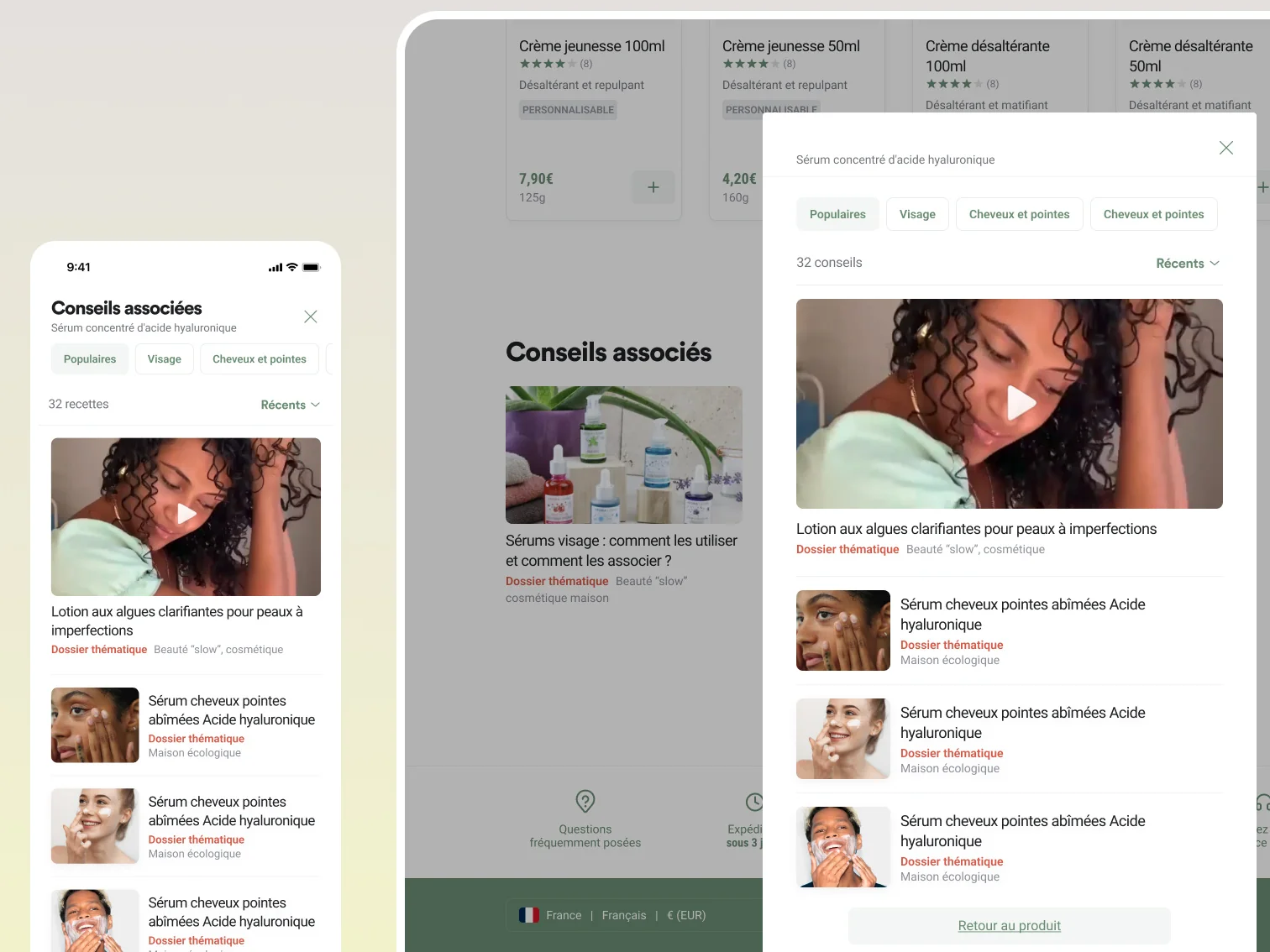 Panneau Conseils associes ouvert depuis la fiche produit, reliant le produit aux dossiers thematiques et tutoriels