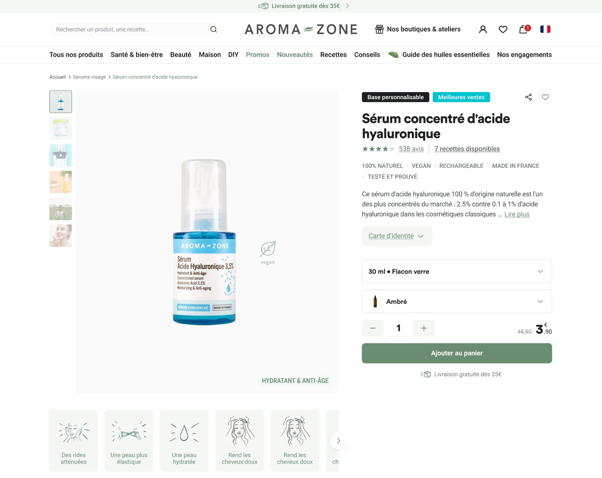 Fiche produit Serum concentre d'acide hyaluronique en version desktop