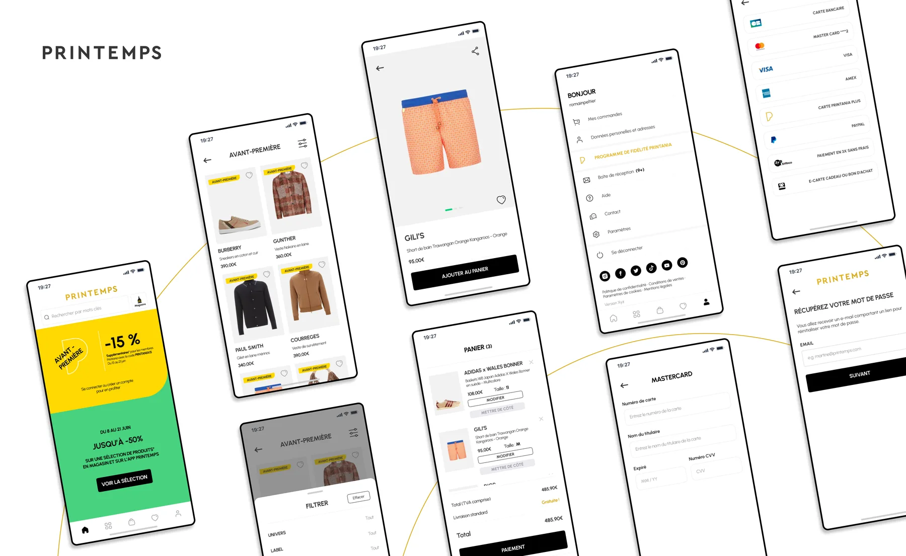 Ecrans de l'application mobile Printemps.com : avant-premiere, fiche produit, compte, panier et paiement