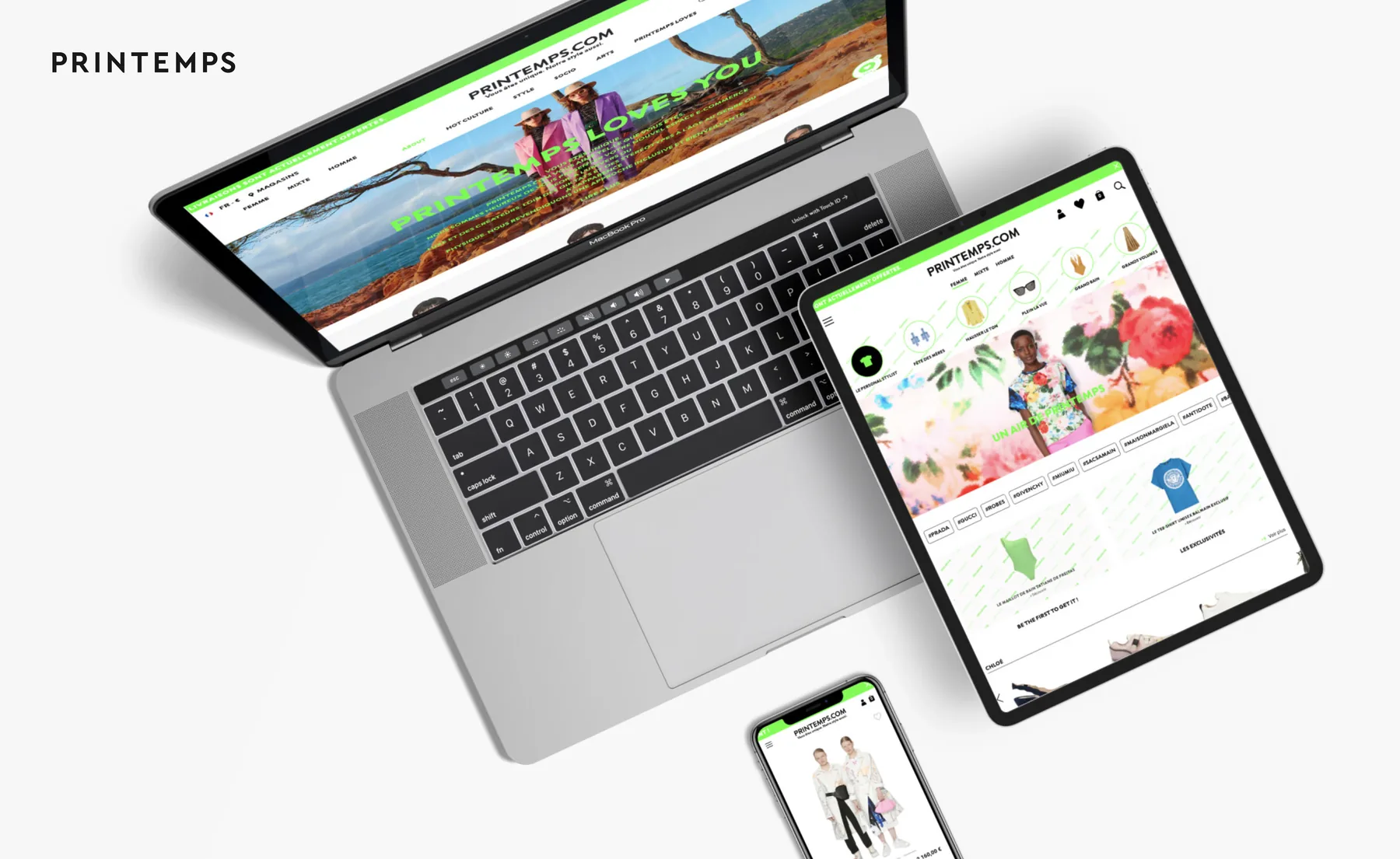 Printemps.com affiche sur desktop, tablette et mobile : accueil, listing produit et selection Printemps Loves You