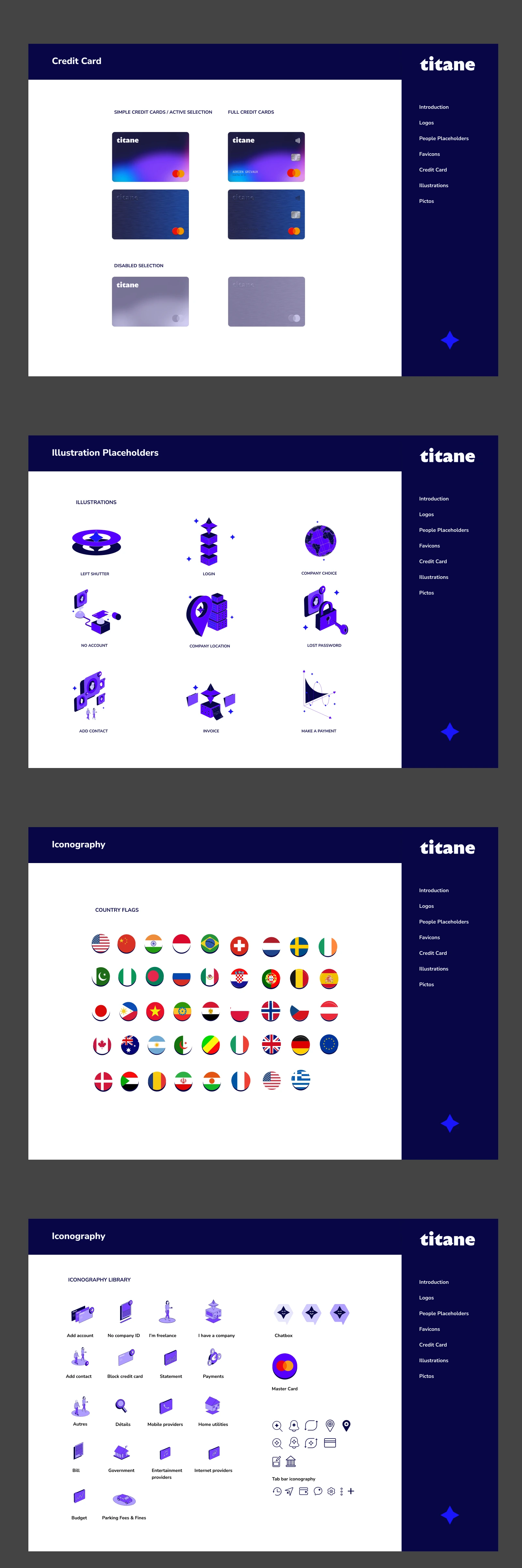 Systeme d'illustration Titane : mockups de cartes bancaires, illustrations et iconographie fonctionnelle