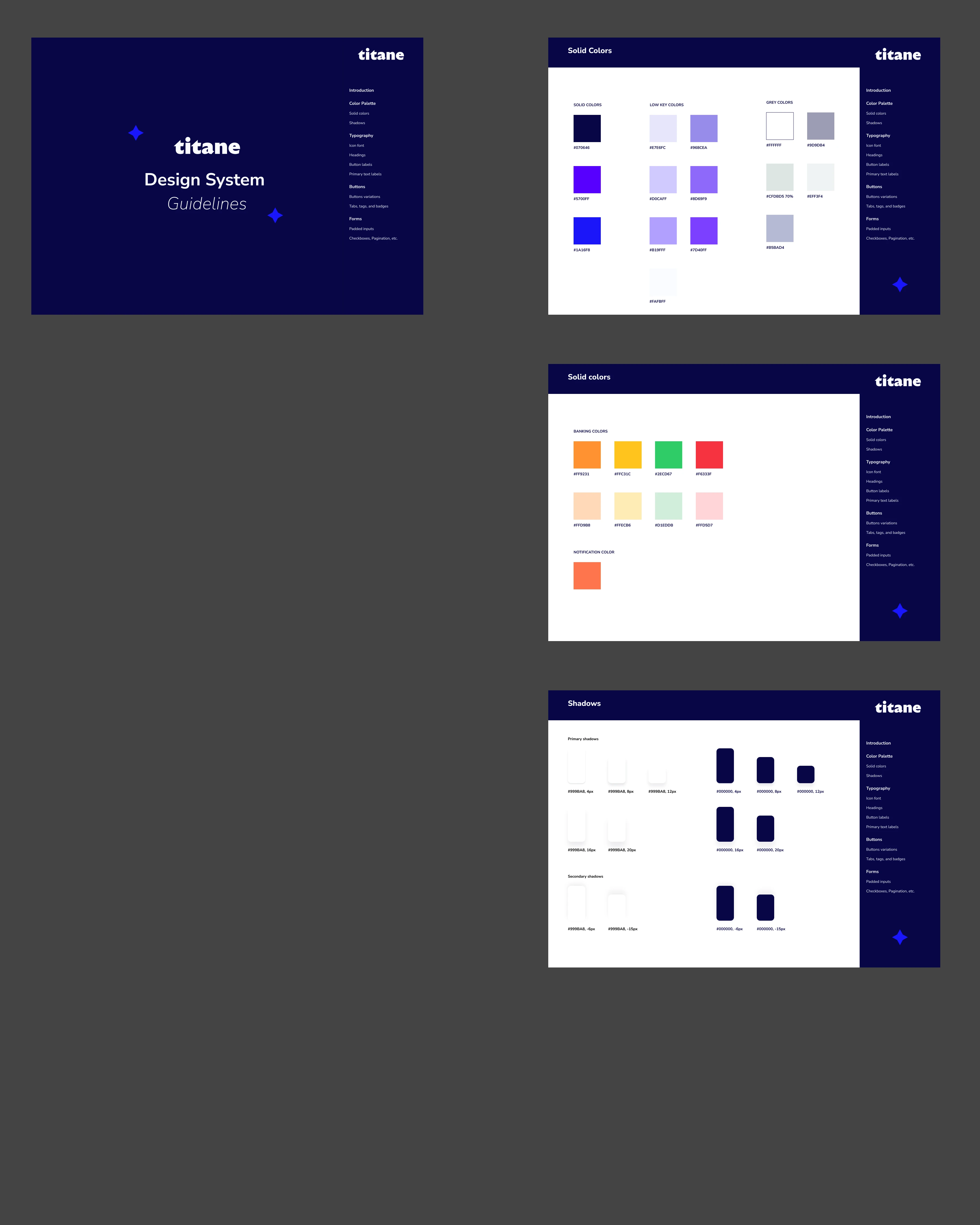 Design system Titane : page de couverture, palette de couleurs solides et bancaires, ombres
