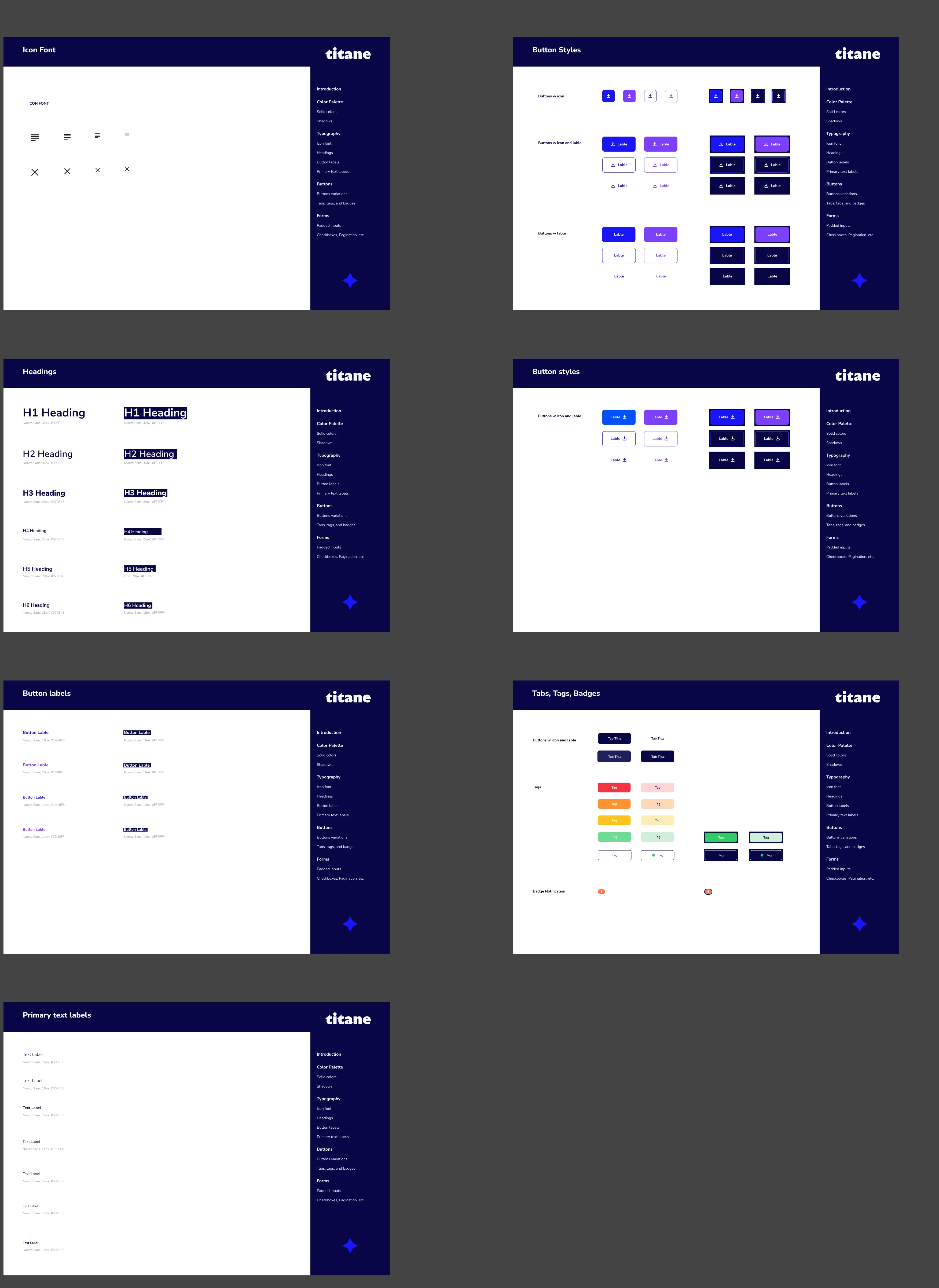 Design system Titane : police d'icones, styles de boutons, hierarchie typographique, labels, tabs et badges
