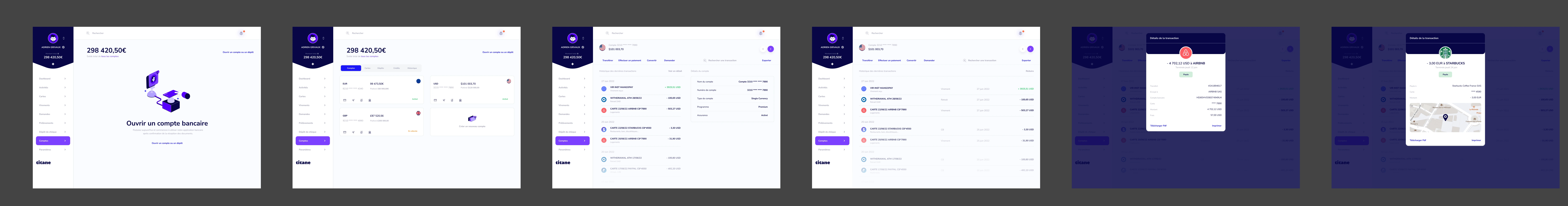 Module Comptes Titane : etat vide, comptes multi-devises, detail des transactions et confirmations contextuelles