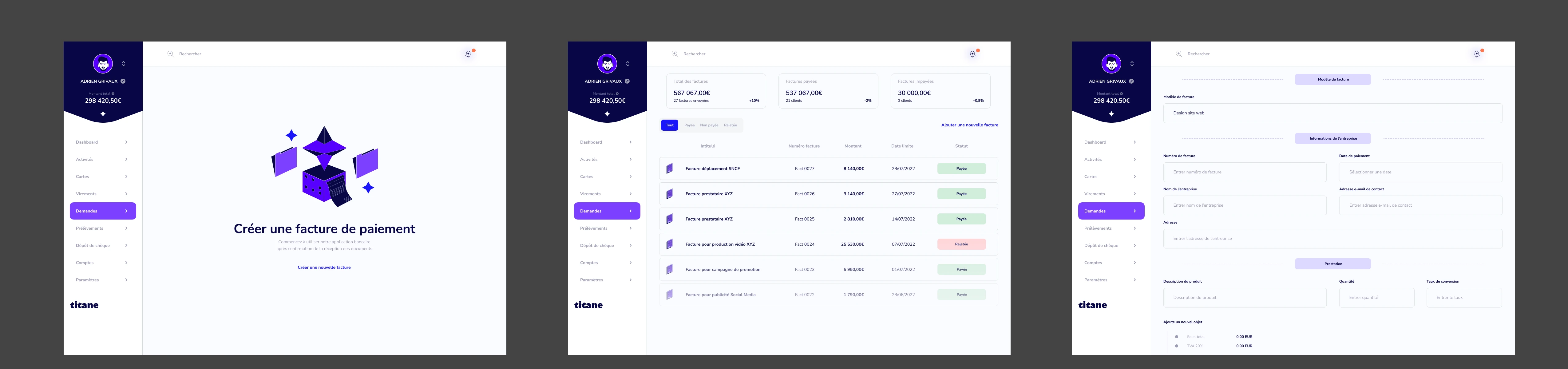 Module Demandes Titane : etat vide, liste des factures avec statuts et formulaire de creation de facture