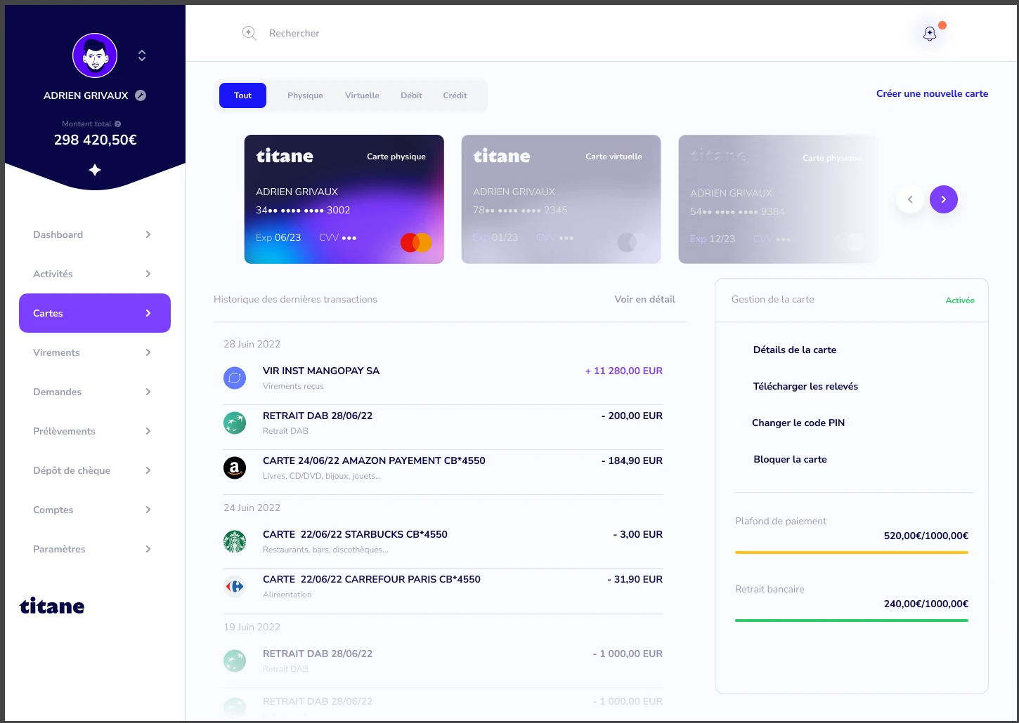 Dashboard Titane : cartes bancaires, historique des transactions et gestion de carte