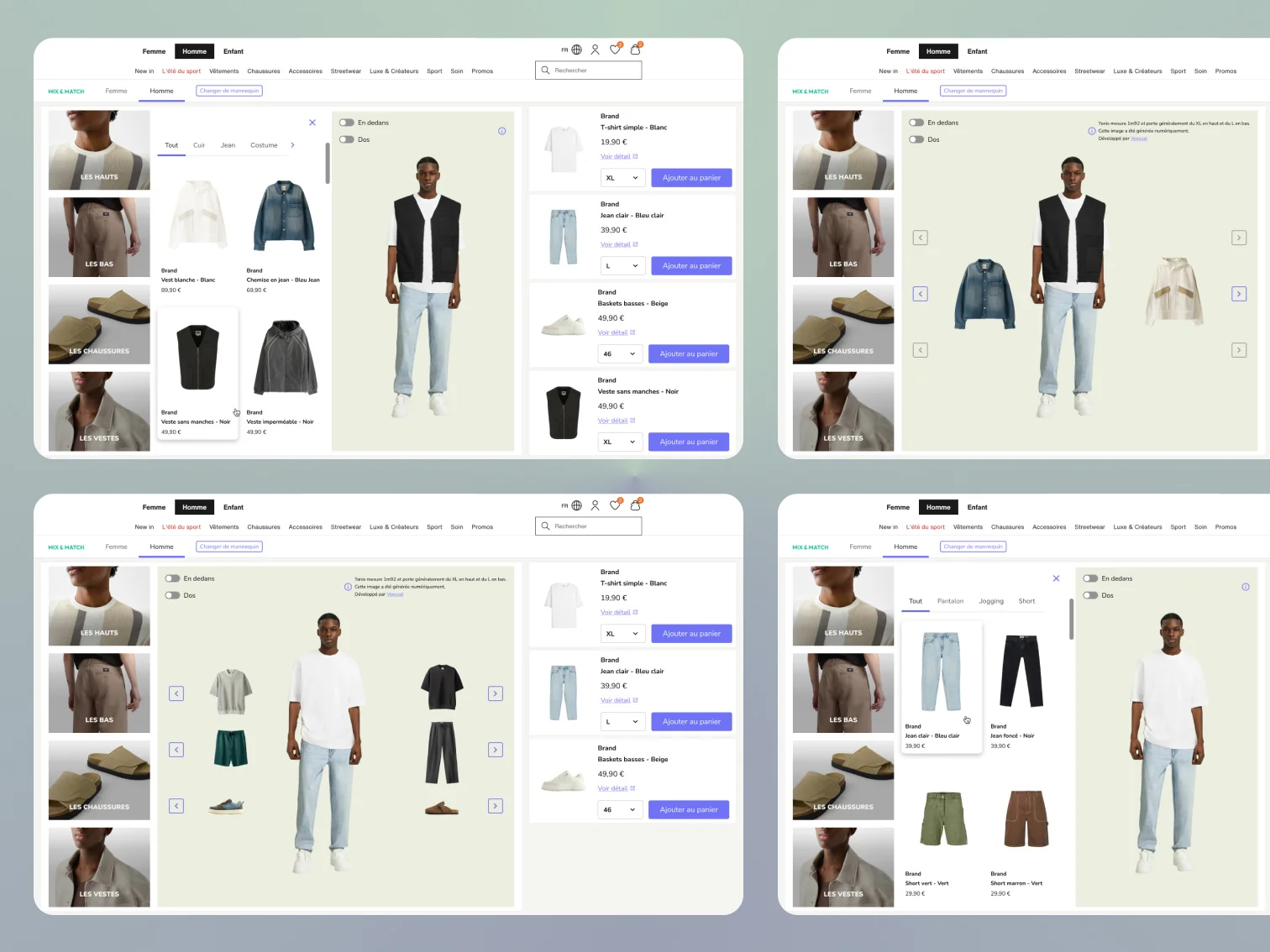Widget Veesual Mix & Match en production : navigation par categorie, alternance de pieces sur le mannequin, changement de mannequin et panier detaille