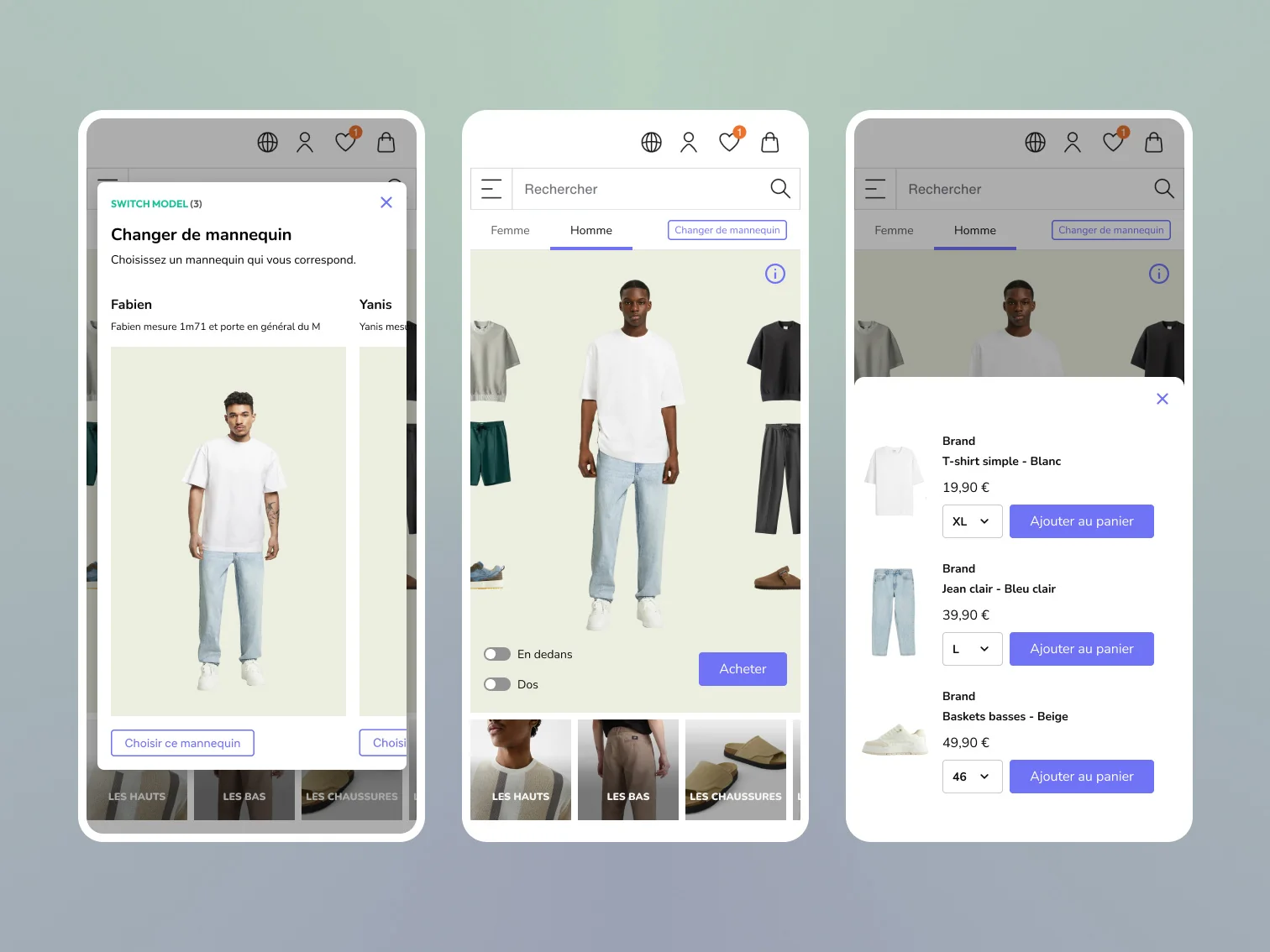 Version mobile du widget Veesual : comparaison de mannequins (Switch Model), essayage et panier detaille